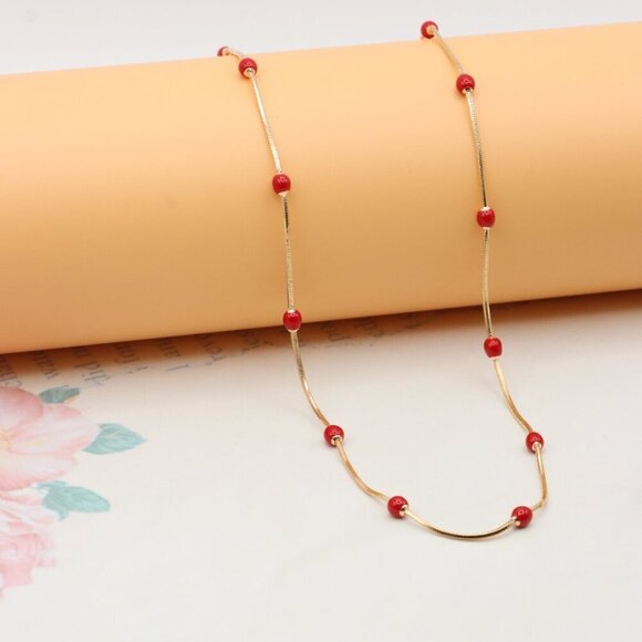 "Delicate Yellow Gold Plated Necklace with Red Beads, XPNL0302 - Picture 7 of 12